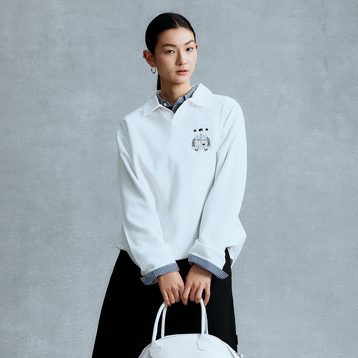 GOODBAI 学院组合logo印花翻领oversize长袖POLO衫