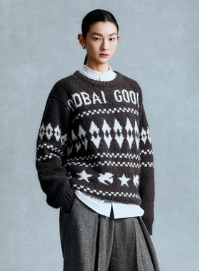 GOODBAI 星星白鸽logo提花撞色提花圆领宽松套头毛衣