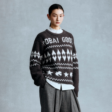 GOODBAI 星星白鸽logo提花撞色提花圆领宽松套头毛衣