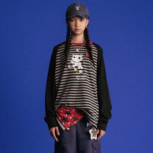 GOODBAI GOODEES 机器小猫logo做旧图案印花撞色oversize长袖T恤