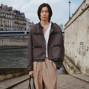 GOODBAI 格纹假口袋抽绳花边正肩圆领拉链外套 916