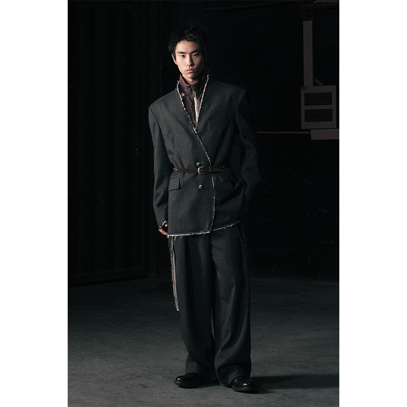 GOODBAI 916 仿中山领毛边纽扣垫肩撞色毛边西装外套