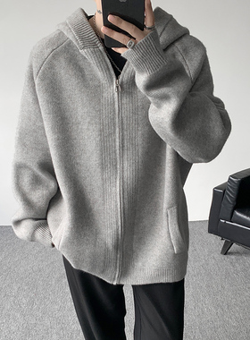 M710 港风秋冬季拉链连帽针织开衫男松弛感外套宽松灰色毛衣 P75