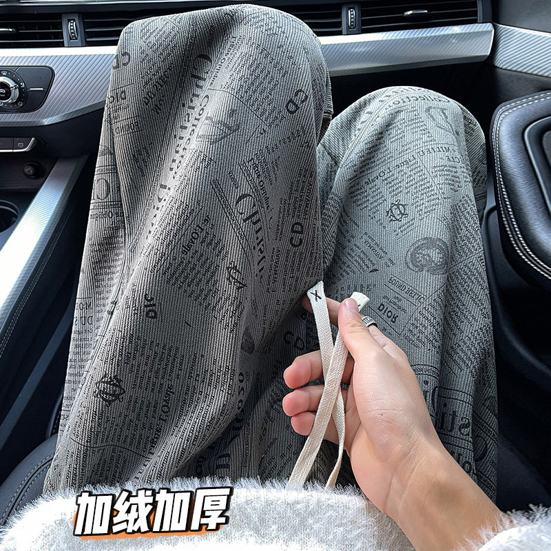 K1001报纸印花加绒加厚休闲裤男大码宽松直筒裤特P30加绒P38,男装卫衣,电商A115