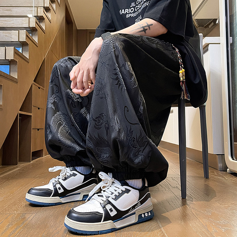 K600新中式风薄款冰丝垂感龙纹灯笼裤男潮大码宽松休闲裤P50,男装休闲裤,电商A115