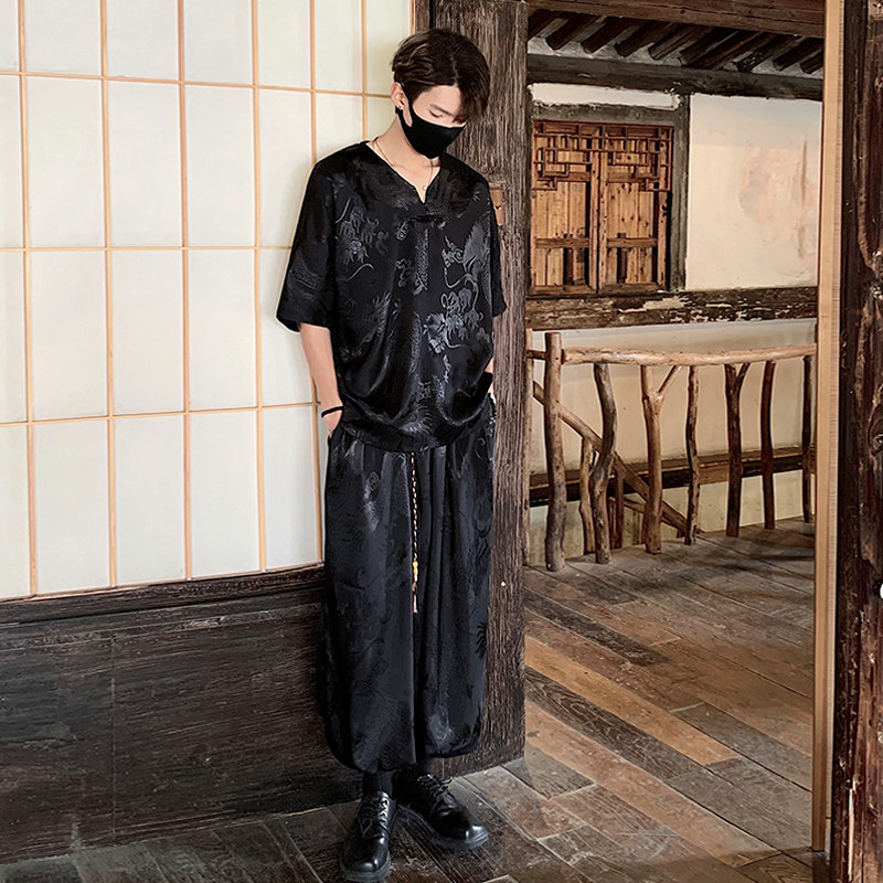 TK600新中式风冰丝垂感短袖T恤套装男潮宽松灯笼裤两件一套,男装T恤,电商A115