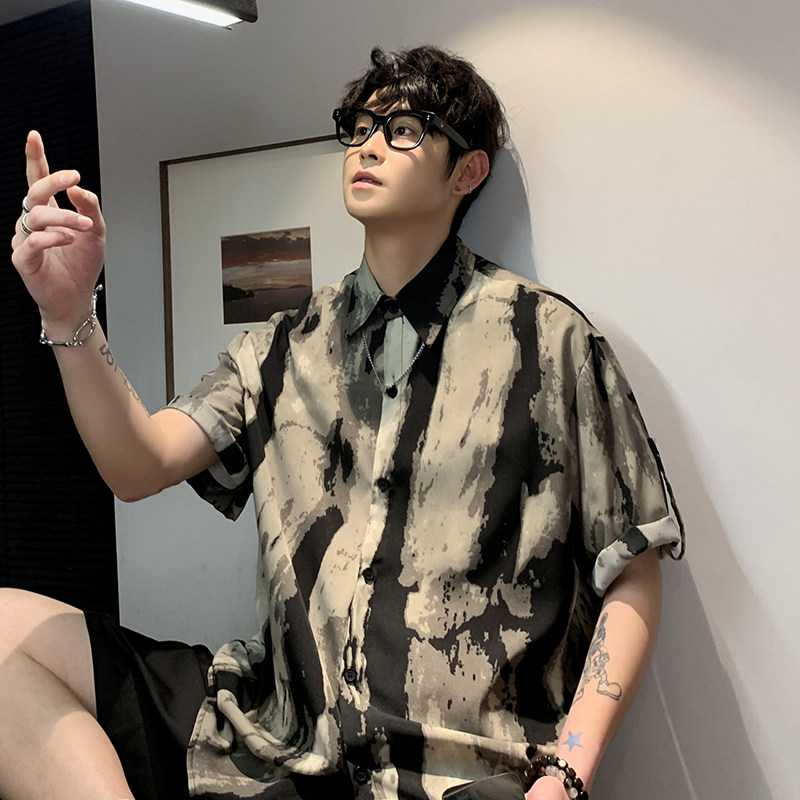 C215港风夏季冰丝垂感大理石纹碎花短袖衬衫男宽松帅气休闲衬衣,男装T恤,电商A115