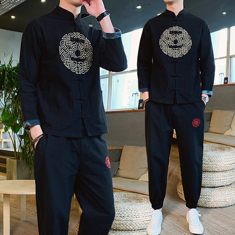 中國風春季開衫刺繡長袖T恤套裝男潮大碼寬鬆漢服復古唐裝