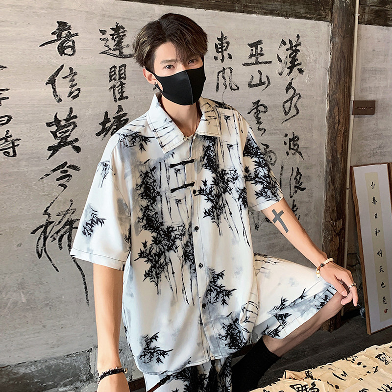 C804新中式风盘扣短袖衬衫男宽松水墨蓝竹子印花衬衣P40,男装T恤,电商A115