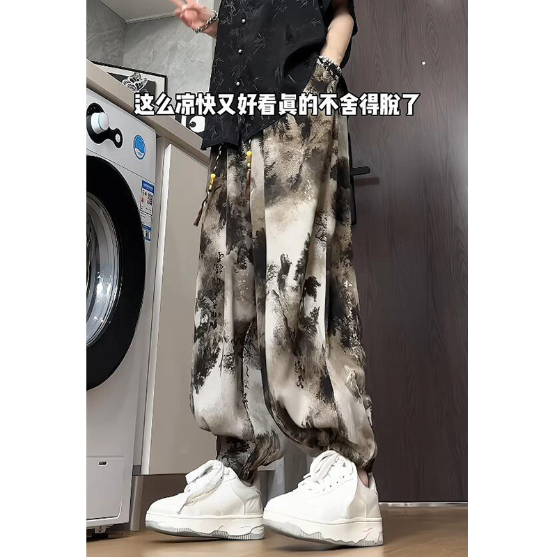 K900 新中式风冰丝垂感扎染水墨画灯笼裤宽松束脚休闲裤男 P50图片