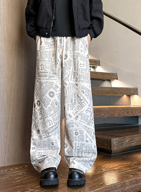 K1001 春季新款报纸印花休闲裤男潮大码宽松直筒裤子 特P30无差价