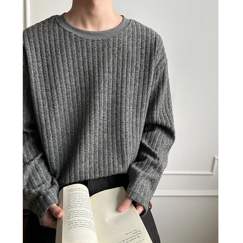 T0052026春季新款肌理垂感条纹圆领长袖T恤男潮流宽松打底衫P30，男装T恤，电商A115