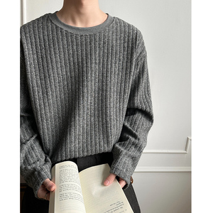 T005 2026春季新款肌理垂感条纹圆领长袖T恤男潮流宽松打底衫 P30，男装T恤，电商A115