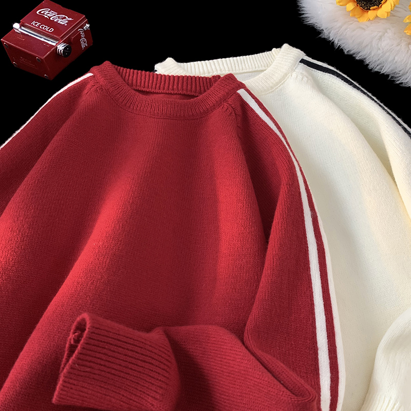 M6011 秋冬撞色圆领毛衣男潮流插肩袖拼接撞色毛衫 特P45无差价