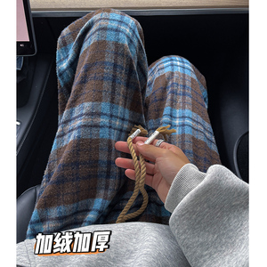 K188 冬季格子毛呢休闲裤男加绒加厚宽松呢子直筒裤 特P45 无差价图片