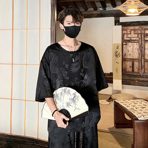 TK500 新中式风冰丝垂感龙纹短袖T恤套装男潮七分裤两件一套图片