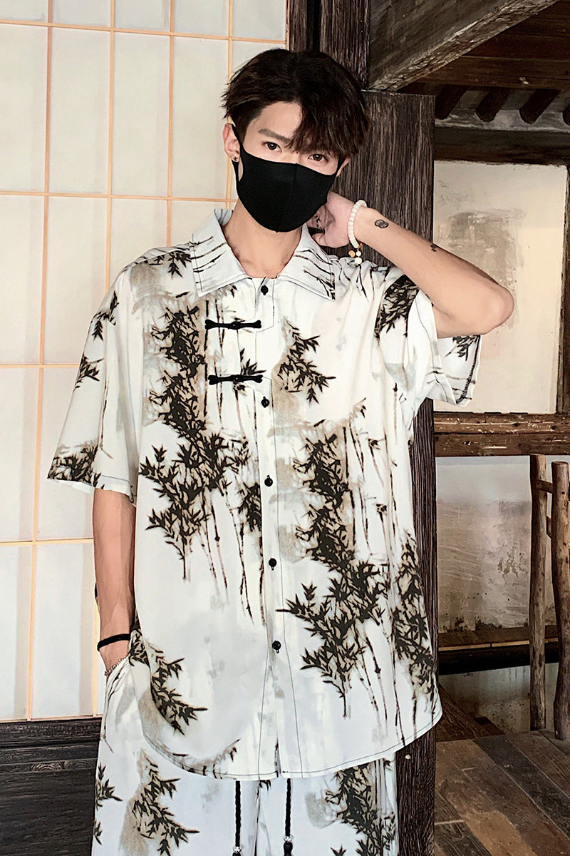 C804新中式风盘扣短袖衬衫男宽松大码薄款竹子印花衬衣P40,男装T恤,电商A115