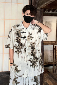 C804 新中式风盘扣短袖衬衫男宽松大码薄款竹子印花衬衣 P40图片