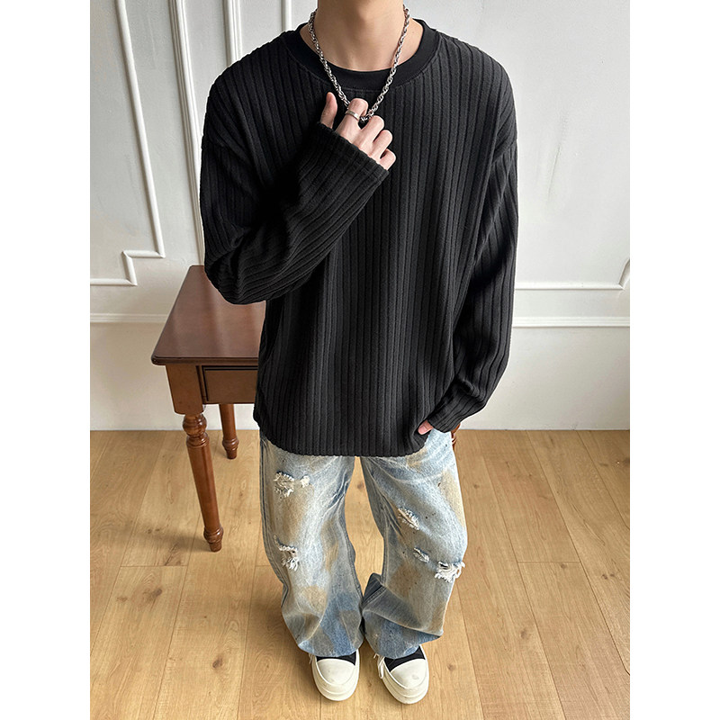 T0052026春季新款肌理垂感条纹圆领长袖T恤潮宽松打底衫P30,男装T恤,电商A115