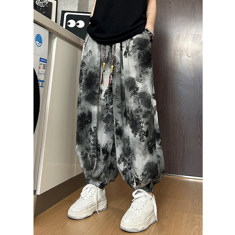 K900新中式风冰丝垂感扎染水墨画灯笼裤宽松束脚休闲裤男P50,男装休闲裤,电商A115
