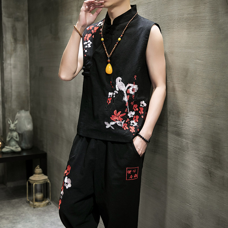 中國風民族服裝刺繡無袖T恤套裝男大碼寬鬆唐裝漢服兩件套