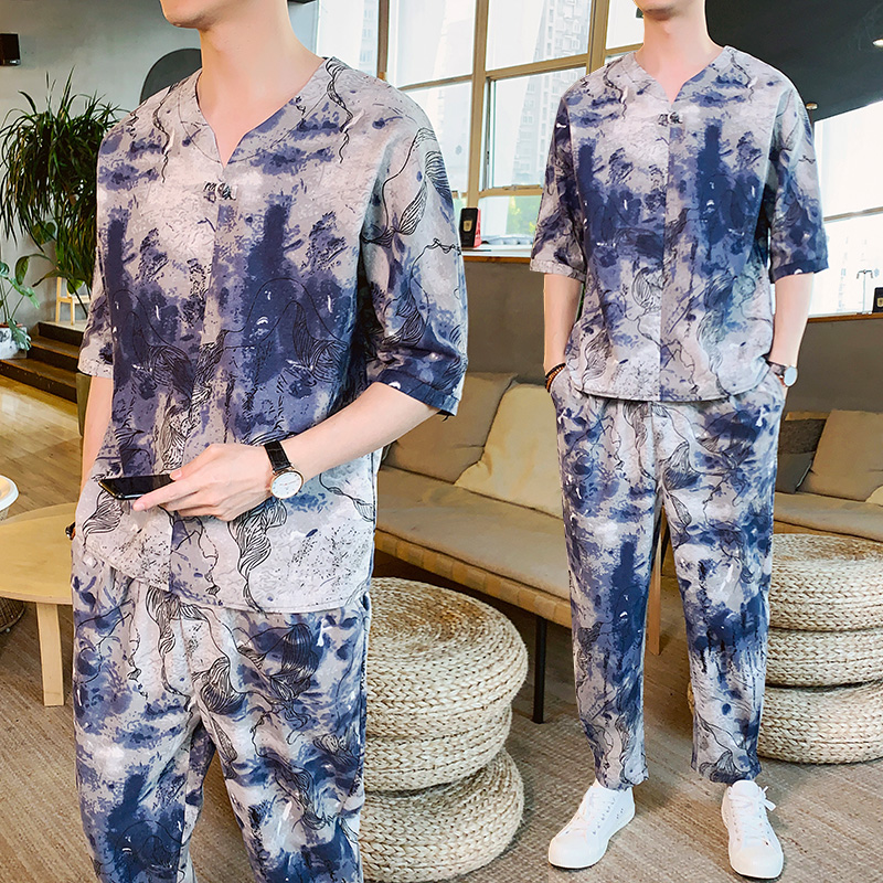 Chinese style spring and summer printed trousers short sleeve T-shirt suit men's large loose casual comfortable Hanfu