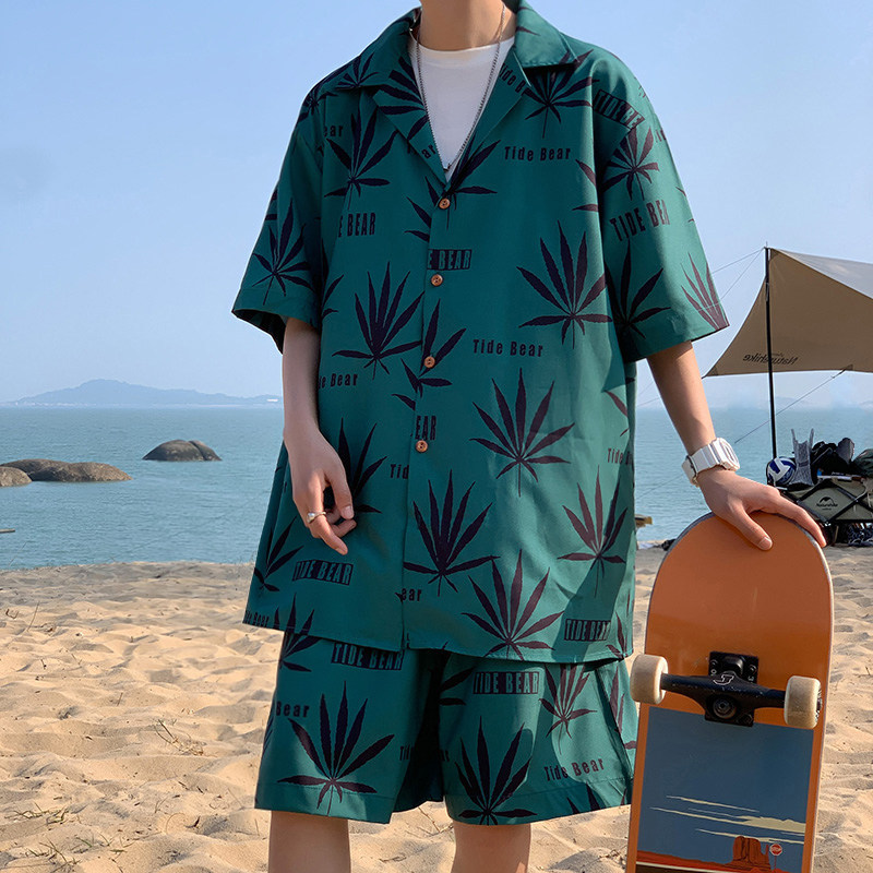TZ004港风夏季沙滩短袖衬衫套装男休闲短裤宽松印花半袖方领衬衣,男装衬衫,电商A115