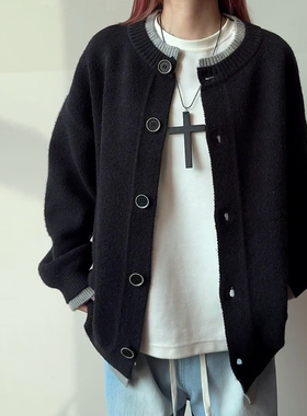 M716 美式慵懒风拼接假两件针织开衫黑色毛衣男宽松外套 P65