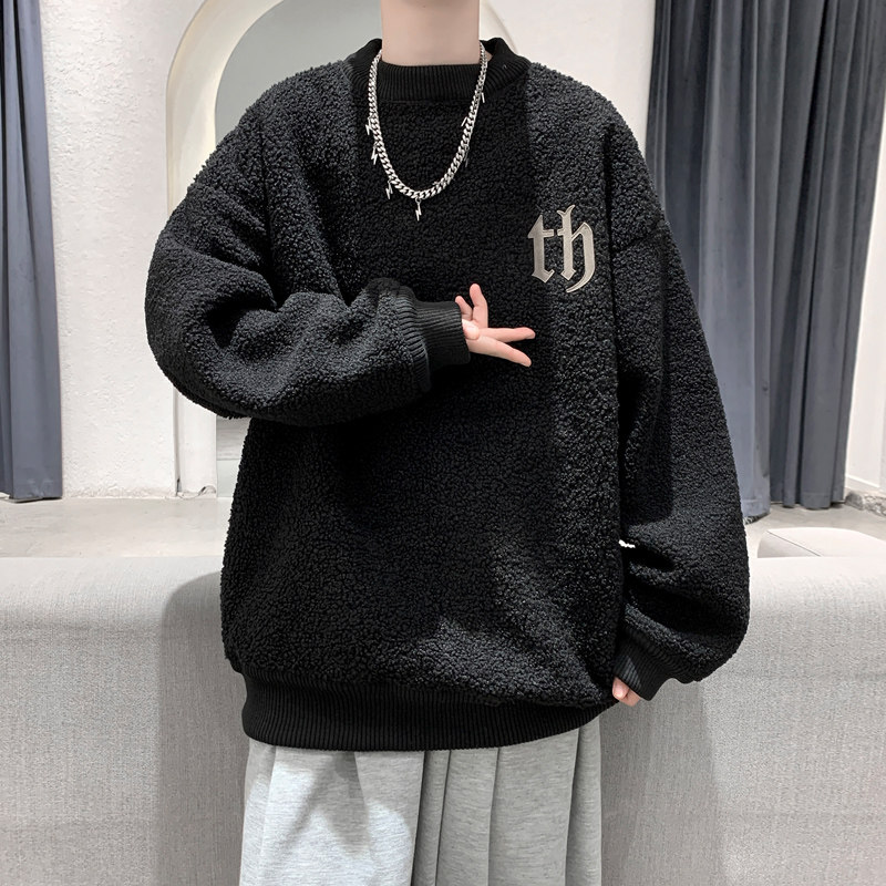 9006冬季新款加绒加厚羊羔毛卫衣男潮牌宽松保暖黑色外套P75，男装卫衣，电商A115