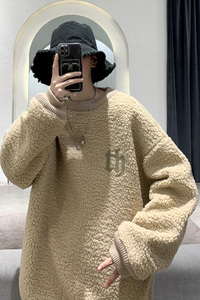 9006 冬季新款加绒加厚羊羔毛卫衣男潮牌宽松保暖卡其外套 P75图片