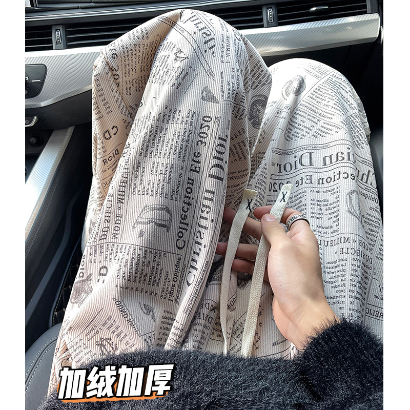 K1001秋冬报纸印花加绒加厚休闲裤男宽松直筒裤子特P30加绒P38，男装卫衣，电商A115