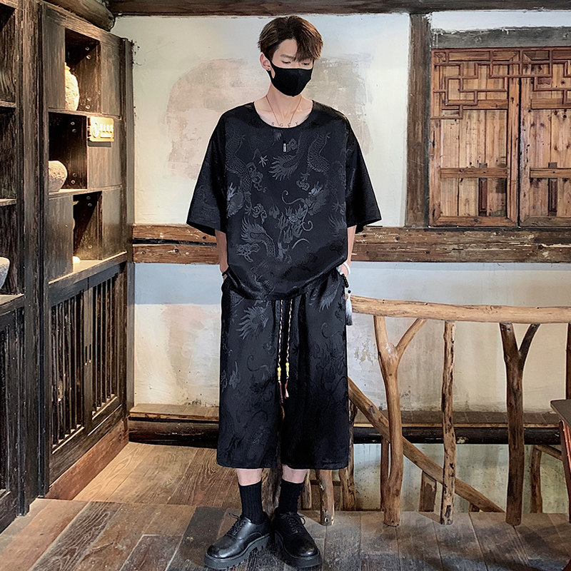 TK500新中式风冰丝垂感龙纹短袖T恤套装男潮七分裤两件一套,男装T恤,电商A115