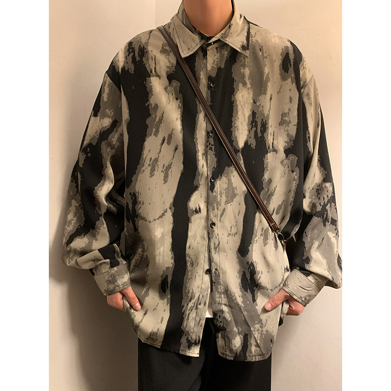 CS04春季防皱条纹纹印花长袖衬衫男潮宽松垂感丝滑搭衬衣P45，男装衬衫，电商A115