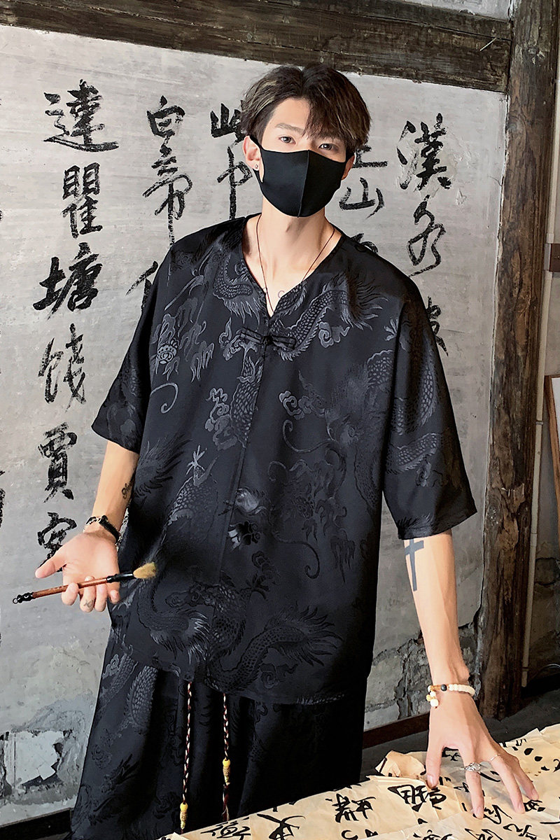 TK600新中式风冰丝垂感短袖T恤套装男宽松灯笼裤两件一套,男装T恤,电商A115