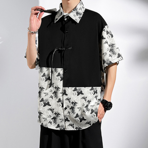 C666-特P35无差价 新中式风蝴蝶纹拼接短袖衬衫男大码宽松衬衣，男装衬衫，电商A115