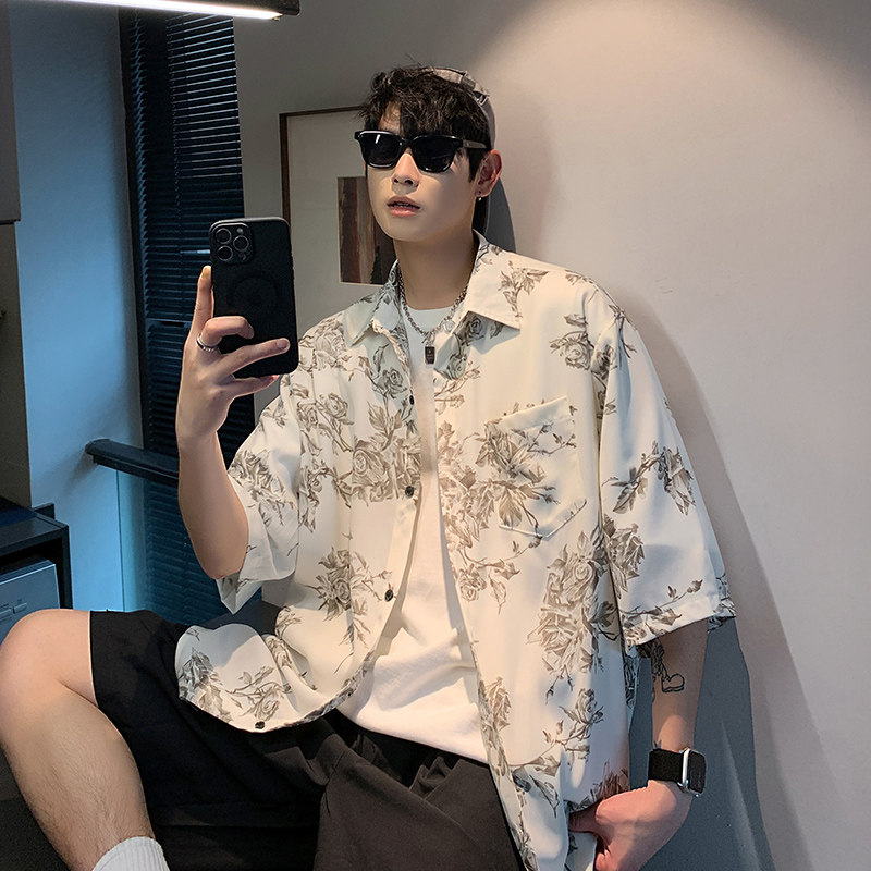 CS77港风夏季碎花冰丝薄款短袖衬衫男宽松半袖红花衬衣P40,男装衬衫,电商A115