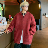 M703双向拉链设计七彩红色连帽针织开衫外套宽松毛衣P118，男装针织衫/毛衣，电商A115