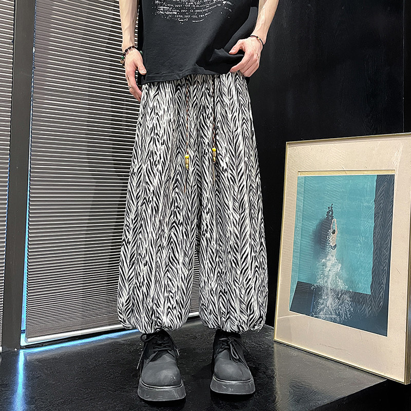 K67风麦穗纹印花灯笼裤男潮宽松休闲裤冰丝垂感阔腿裤P50,男装休闲裤,电商A115