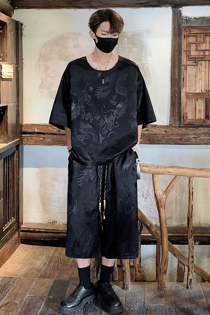 TK500新中式风冰丝垂感龙纹短袖T恤套装男潮七分裤两件一套,男装T恤,电商A115