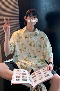 CS77 港风夏季碎花冰丝垂感薄款短袖衬衫男宽松半袖花衬衣 P40图片