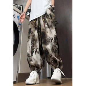 K900 新中式风冰丝垂感扎染水墨画灯笼裤大码宽松休闲裤男 P50图片