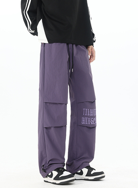 K178 秋季紫色字母刺绣休闲裤男宽松大码阔腿伞兵裤 特P35无差价