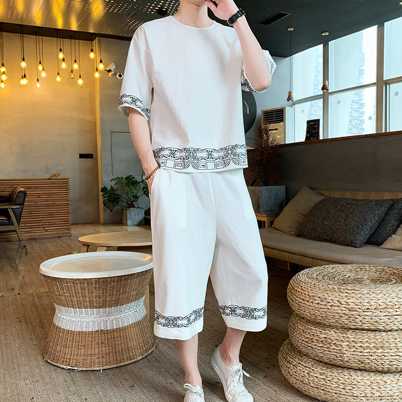 Chinese style summer new ethnic style printed shorts short sleeve T-shirt suit men's large loose Hanfu