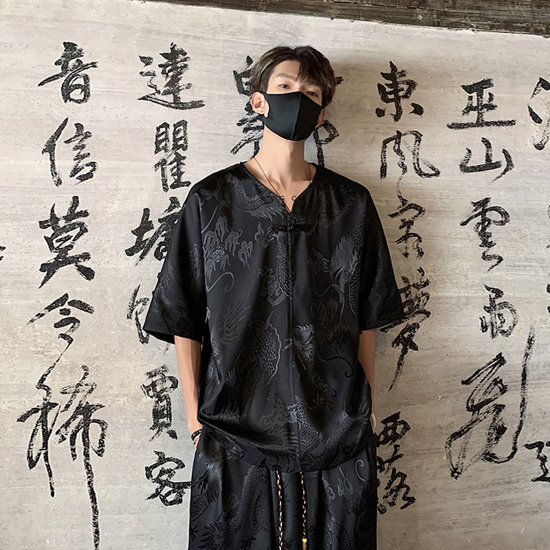 TK600新中式风冰丝垂感短袖T恤套装男宽松灯笼裤两件一套,男装T恤,电商A115
