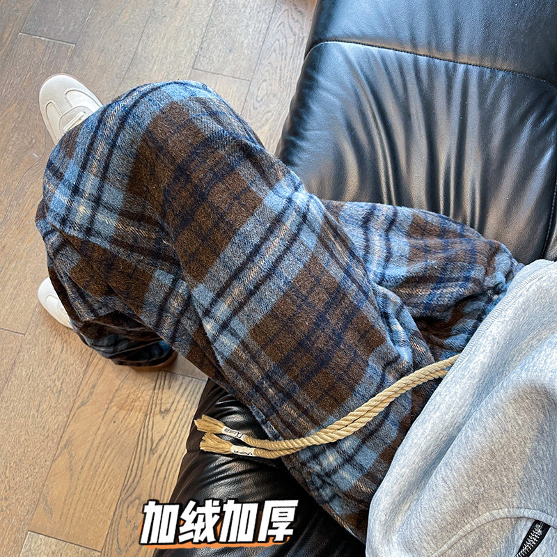 K188格子毛呢休闲裤男潮加绒加厚大码呢子直筒裤子特P45无差价,男装卫衣,电商A115