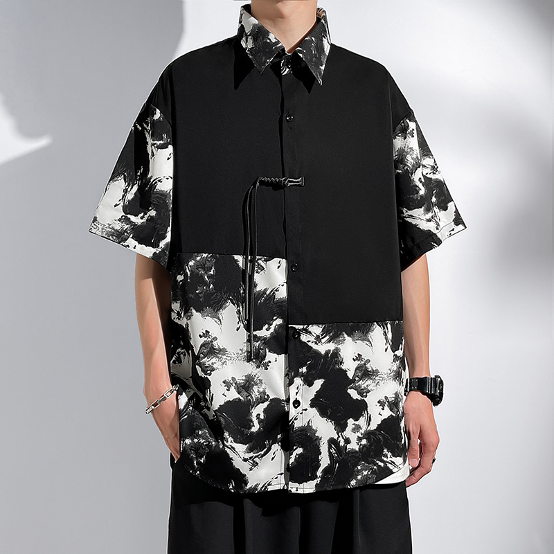 C666-特P35无差价  新中式国风山水纹拼接短袖衬衫男大码宽松衬衣