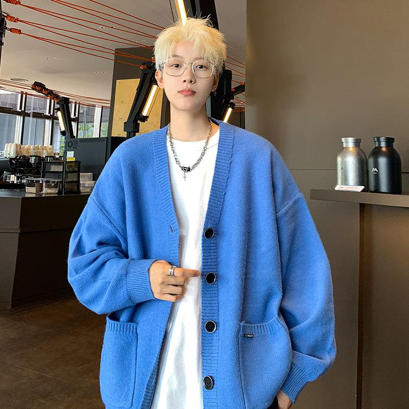 M802秋季新款纯色针织开衫外套男蓝色宽松慵懒风针织衫毛衣P65，男装针织衫/毛衣，电商A115