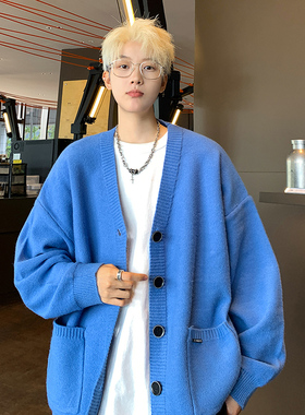 M802 秋季新款纯色针织开衫外套男蓝色宽松慵懒风针织衫毛衣 P65