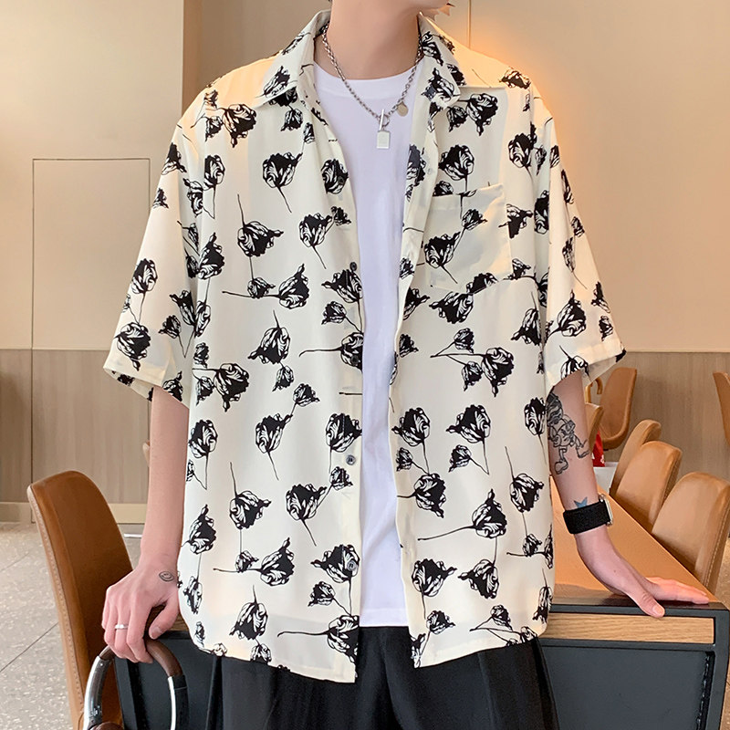 CS77港风夏季碎花冰丝垂感薄款短袖衬衫男宽松半袖花衬衣P40,男装衬衫,电商A115