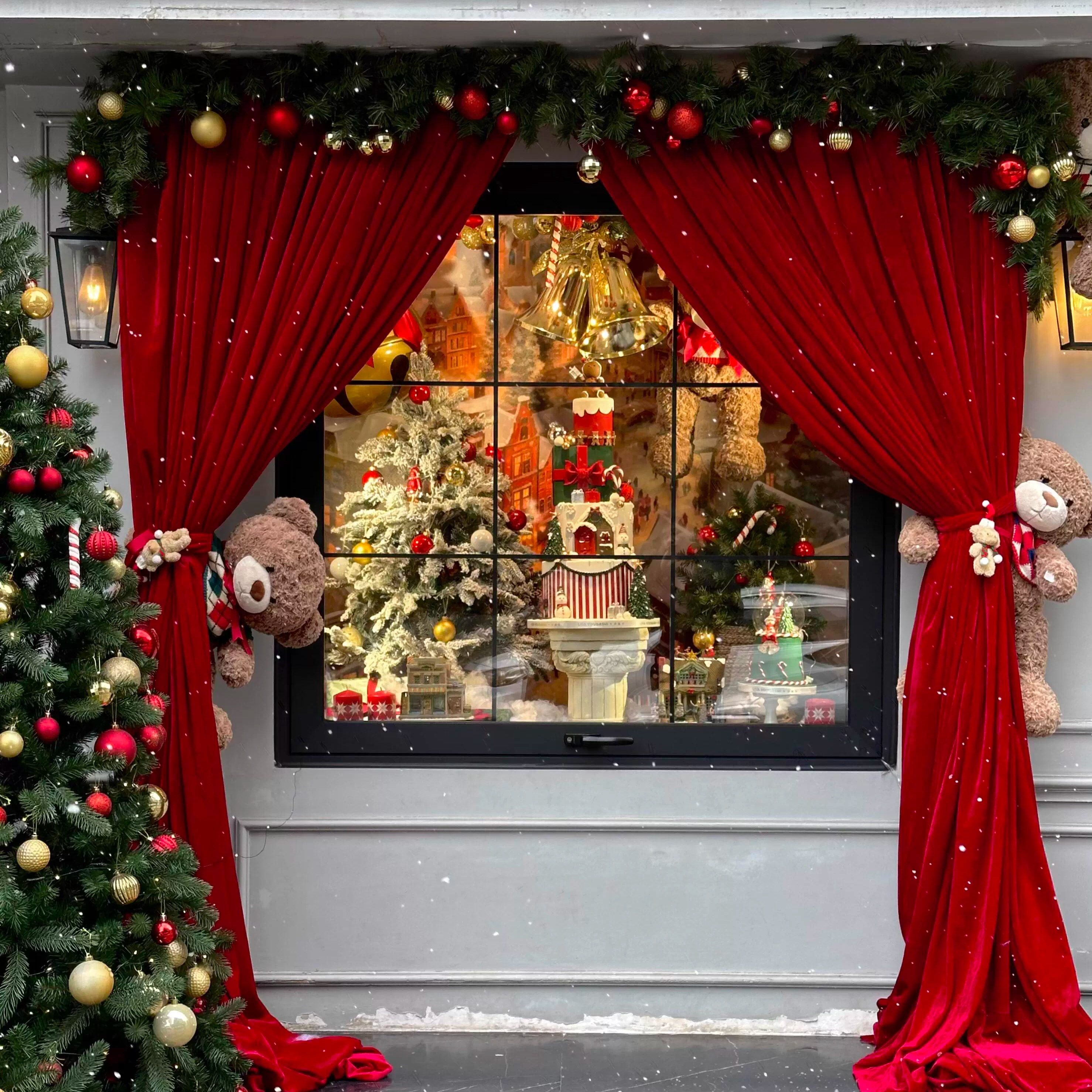 圣诞节甜品店服装店橱窗氛围感布置打卡拍照背景装饰藤条红色窗帘